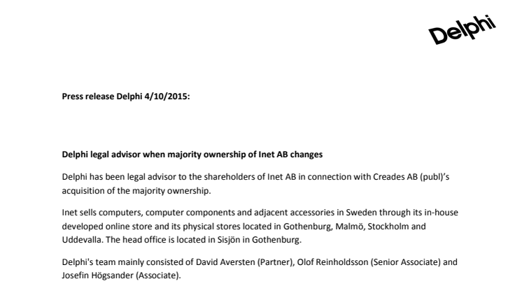 Delphi legal advisor when majority ownership of Inet AB changes 