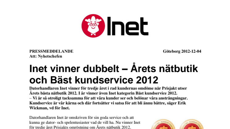 Inet vinner dubbelt – Årets nätbutik och Bäst kundservice 2012
