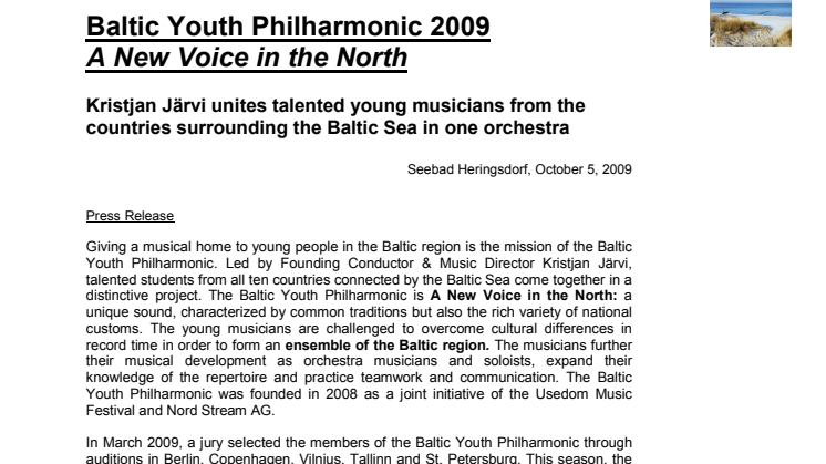 Baltic Youth Philharmonic 2009 - A New Voice in the North (Press release)