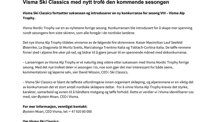 Visma Ski Classics med nytt trofé den kommende sesongen