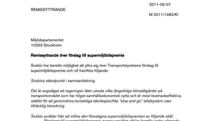 Remissyttrande om supermiljöbilspremie