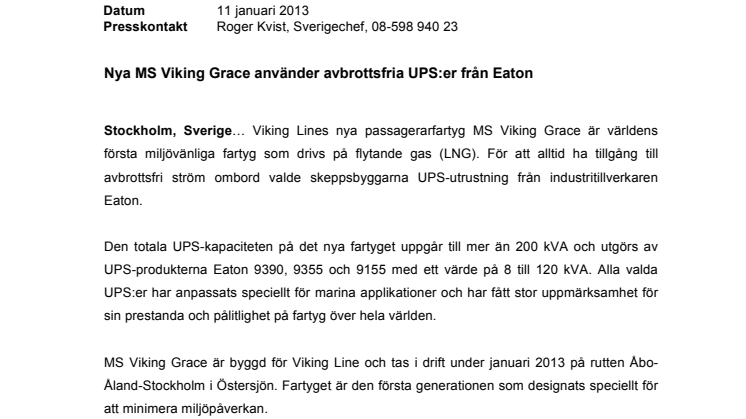 Nya MS Viking Grace använder avbrottsfria UPS:er från Eaton