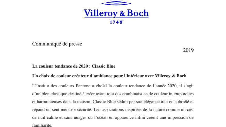 La couleur tendance de 2020 : Classic Blue  Un choix de couleur créateur d’ambiance pour l’intérieur avec Villeroy & Boch