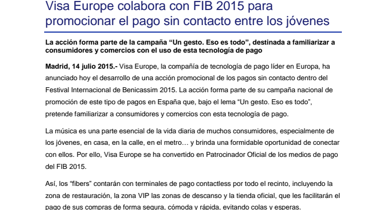 Visa Europe colabora con FIB 2015 para promocionar el pago sin contacto entre los jóvenes