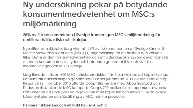 Ny undersökning pekar på betydande konsumentmedvetenhet om MSC:s miljömärkning