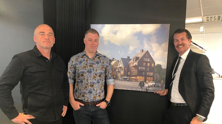 Marius Lorentzon, Link Arkitektur – Joakim Lindahl, Fastighets AB 3Hus – Johan Linde, Våningen & Villan framför illustration över Kv. Fregatten, Råå.