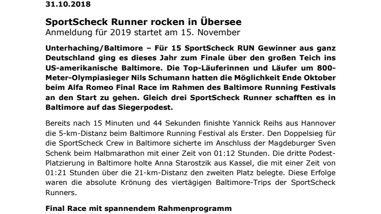 Pressemitteilung: SportScheck Runner rocken in Übersee - Anmeldung für 2019 startet am 15. November
