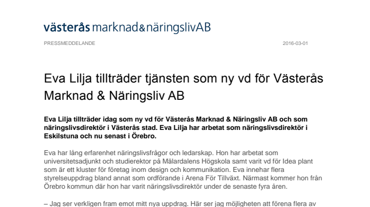 Eva Lilja tillträder tjänsten som ny vd för Västerås Marknad & Näringsliv AB