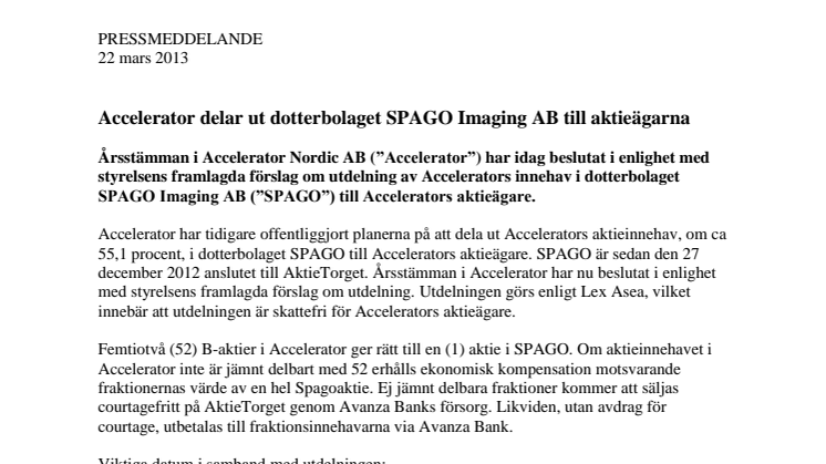 Accelerator delar ut dotterbolaget SPAGO Imaging AB till aktieägarna