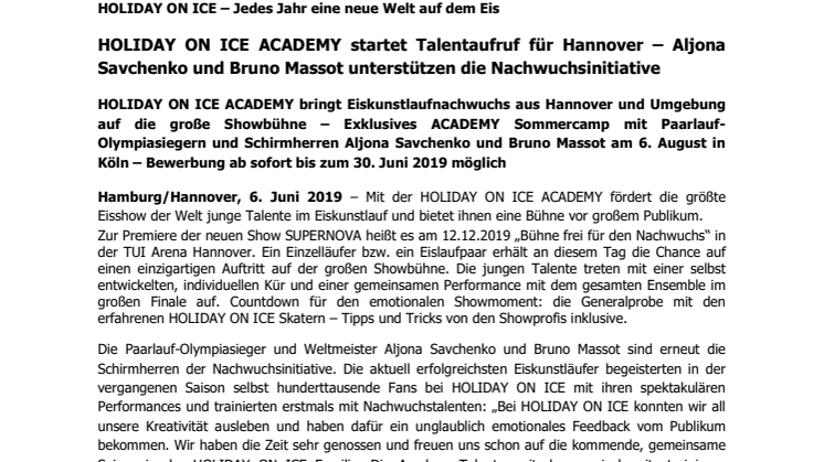 HOLIDAY ON ICE ACADEMY startet Talentaufruf für Hannover – Aljona Savchenko und Bruno Massot unterstützen die Nachwuchsinitiative