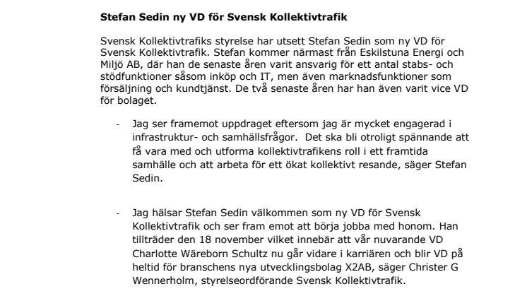 Stefan Sedin ny VD för Svensk Kollektivtrafik