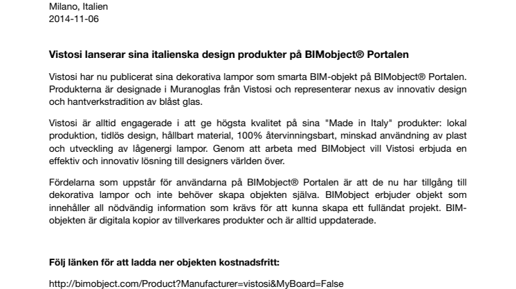 Vistosi lanserar sina italienska design produkter på BIMobject® Portalen
