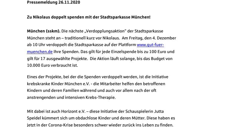 Zu Nikolaus doppelt spenden mit der Stadtsparkasse München!