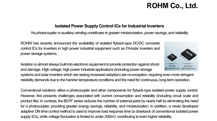 Isolated Power Supply Control ICs for Industrial Inverters---No photocoupler or auxiliary winding contributes to greater miniaturization, power savings, and reliability