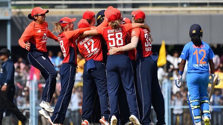 England celebrate the final delivery. Image: AFP