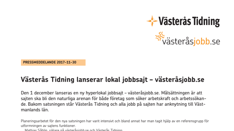 Västerås Tidning lanserar lokal jobbsajt: västeråsjobb.se