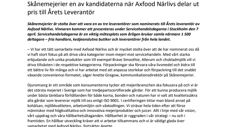 Skånemejerier en av kandidaterna när Axfood Närlivs delar ut pris till Årets Leverantör