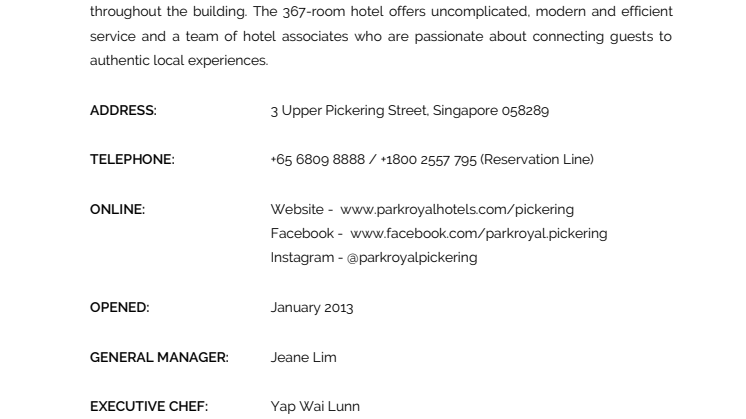 PARKROYAL on Pickering, Singapore - Factsheet