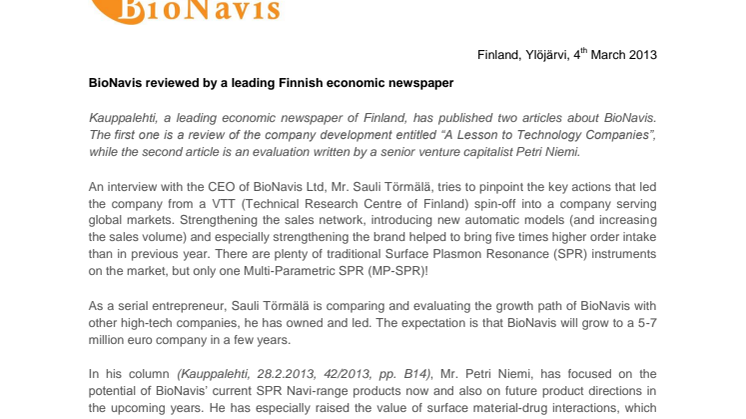 BioNavis reviewed by a leading Finnish economic newspaper