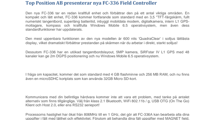 Top Position AB presenterar nya FC-336 Field Controller 