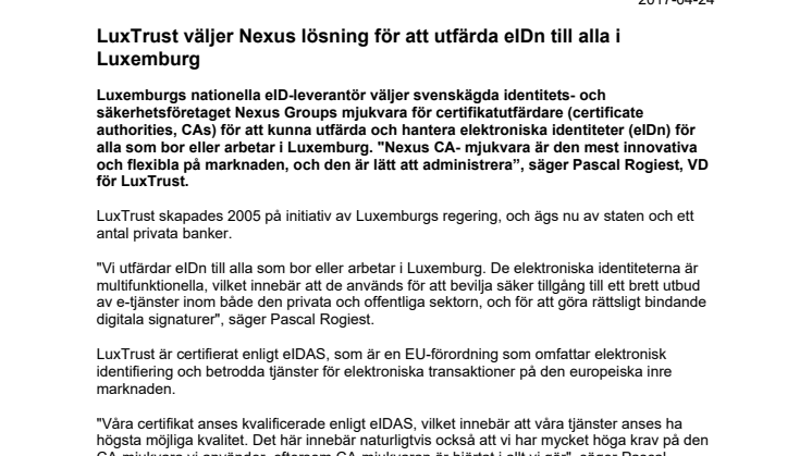 LuxTrust väljer Nexus lösning för att utfärda eIDn till alla i Luxemburg