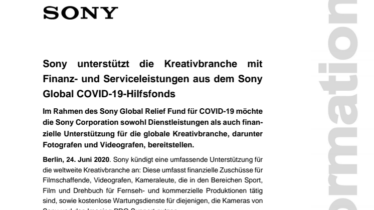 Sony unterstützt die Kreativbranche mit Finanz- und Serviceleistungen aus dem Sony Global COVID-19-Hilfsfonds
