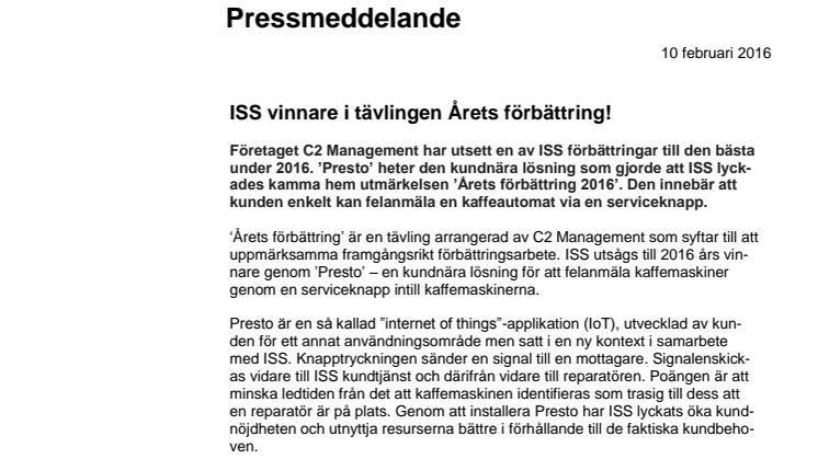 ISS vinnare i tävlingen Årets förbättring!