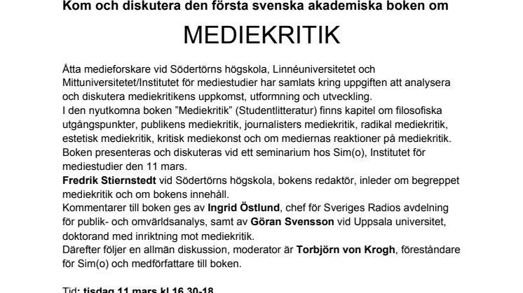 11 mars: Kom och diskutera den första svenska akademiska boken om  MEDIEKRITIK