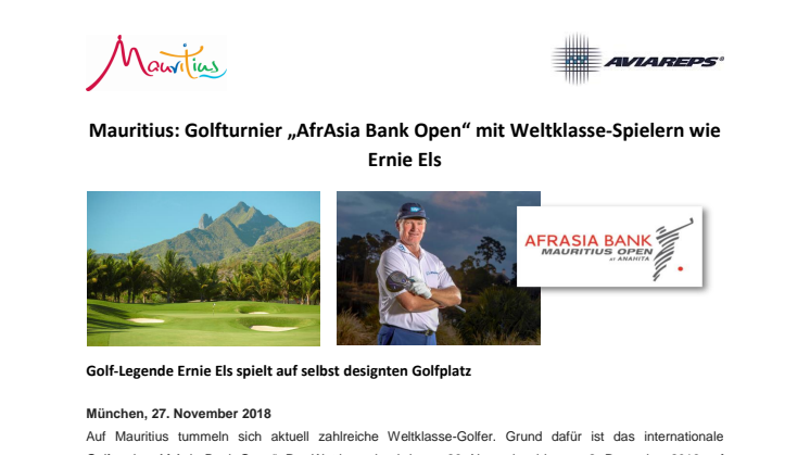 Mauritius: Golfturnier „AfrAsia Bank Open“ mit Weltklasse-Spielern wie Ernie Els