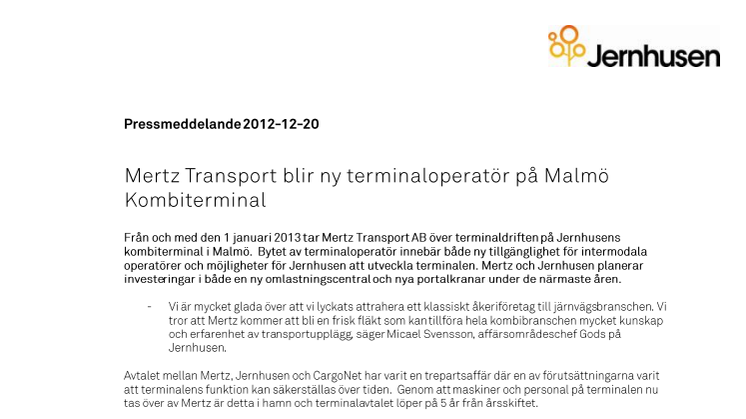 Mertz Transport blir ny terminaloperatör på Malmö Kombiterminal 