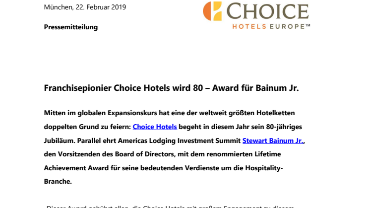 Franchisepionier Choice Hotels wird 80 – Award für Bainum Jr. 