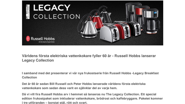 Världens första elektriska vattenkokare fyller 60 år - Russell Hobbs lanserar Legacy Collection
