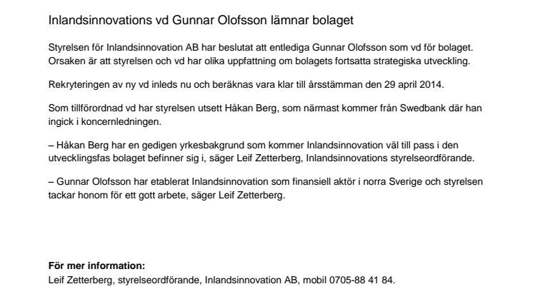 Inlandsinnovations vd Gunnar Olofsson lämnar bolaget