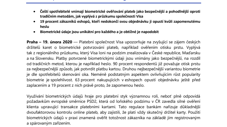 Čeští spotřebitelé dávají přednost potvrzování plateb otiskem prstu namísto hesel, říká regionální studie Visa