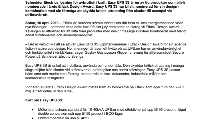 Schneider Electrics Easy UPS 3S nominerad i Elfack Design Award