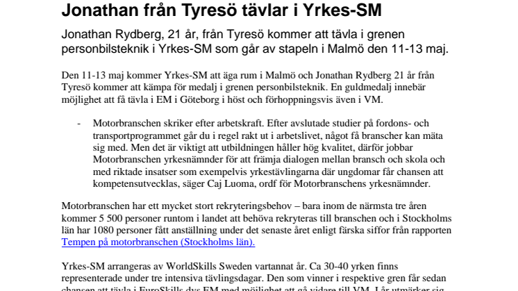 Jonathan från Tyresö tävlar i Yrkes-SM