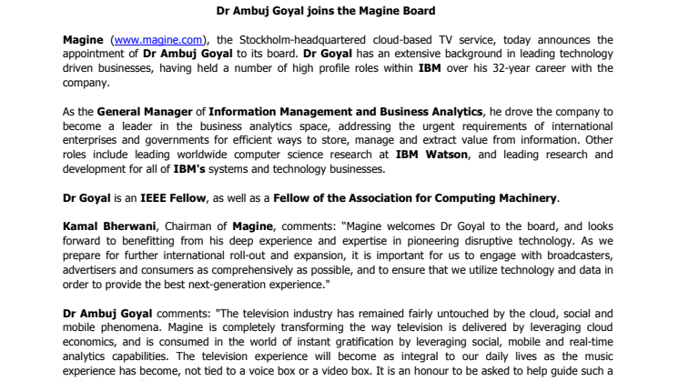 Dr Ambuj Goyal joins the Magine Board