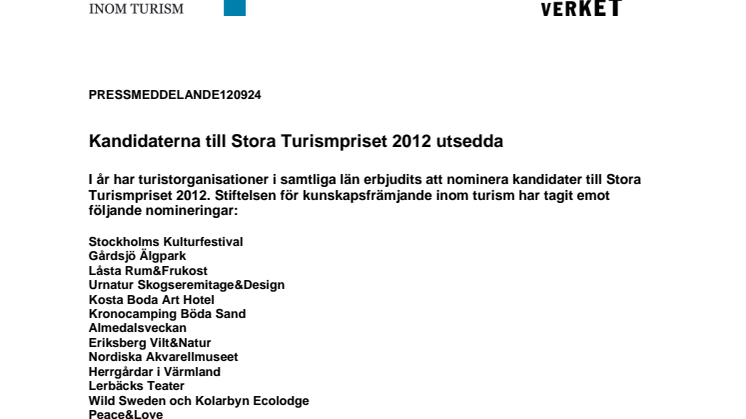 Kandidaterna till Stora Turismpriset 2012 utsedda