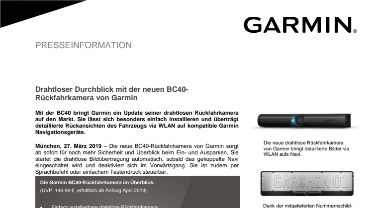 Drahtloser Durchblick mit der neuen BC40-Rückfahrkamera von Garmin 