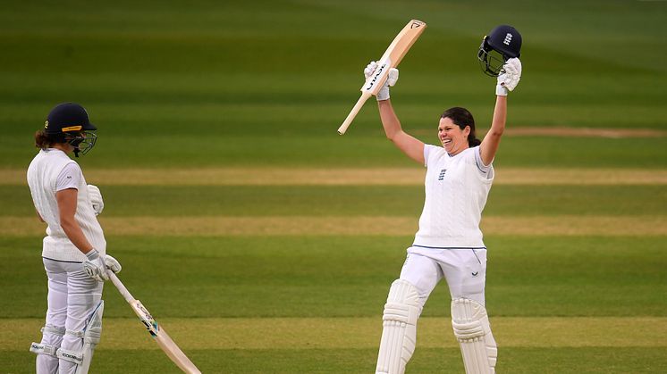 Davidson-Richards celebrates her debut Test ton. Photo: Getty Images