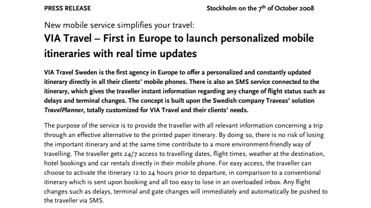 VIA Travel först i Europa med personliga, realtidsuppdaterade resplaner direkt i mobilen