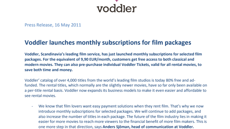 Voddler launches monthly subscriptions for film packages