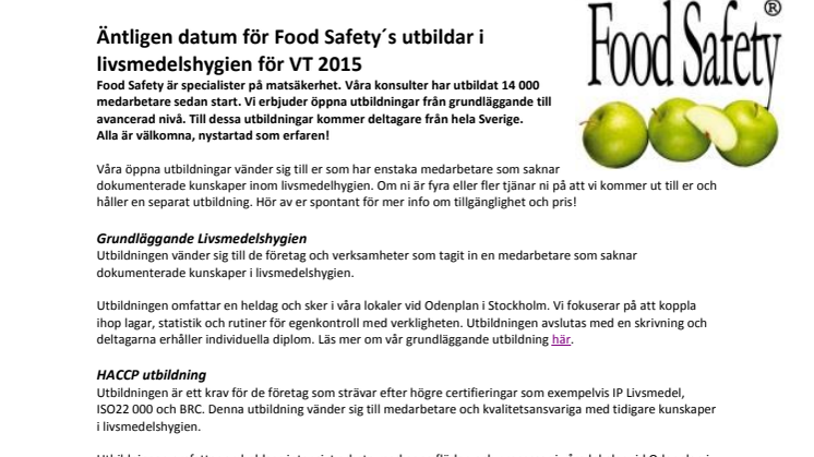 Äntligen datum klara för Food Safety´s utbildningar i  livsmedelshygien VT 2015