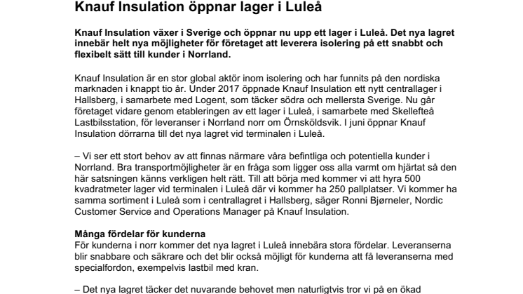Knauf Insulation öppnar lager i Luleå