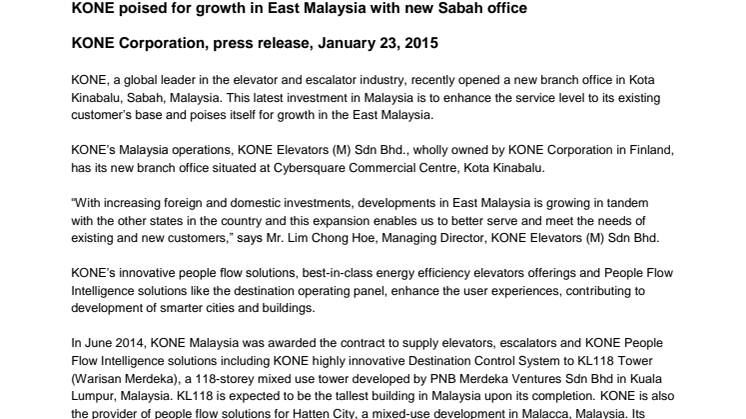 KONE poised for growth in East Malaysia with new Sabah office