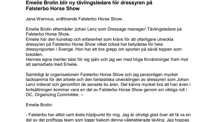 Emelie Brolin blir ny tävlingsledare för dressyren på Falsterbo Horse Show