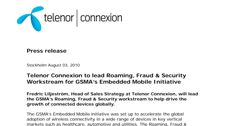 Telenor Connexion to lead Roaming, Fraud & Security workstream for GSMA’s Embedded Mobile Initiative