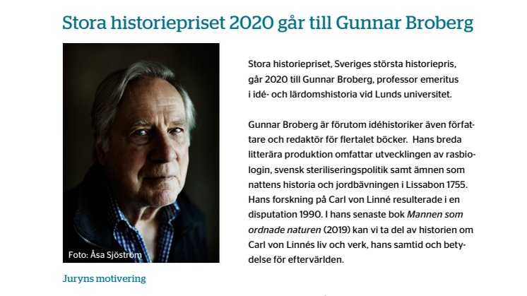 Stora historiepriset 2020 går till Gunnar Broberg