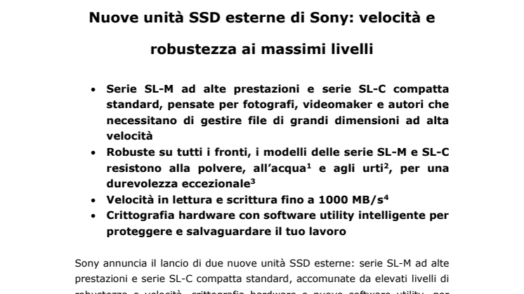 Nuove unità SSD esterne di Sony: velocità e robustezza ai massimi livelli