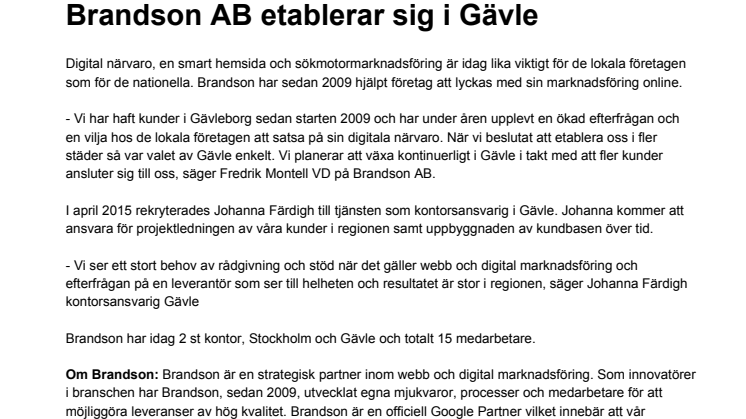 Brandson etablerar sig i Gävle